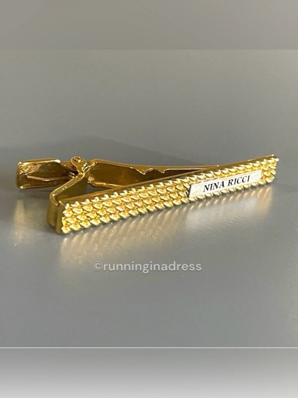 VTG Nina Ricci Paris Crosshatch Gold & Silver Tie Clip Bar Germany 2.5